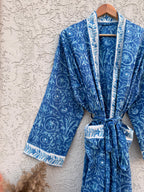 Blue Hand Block Print Cotton Bathrobe – Floral Indian Kimono Robe – Lightweight Spa Robe with Belt & Pockets – Handmade Boho Dressing Gown