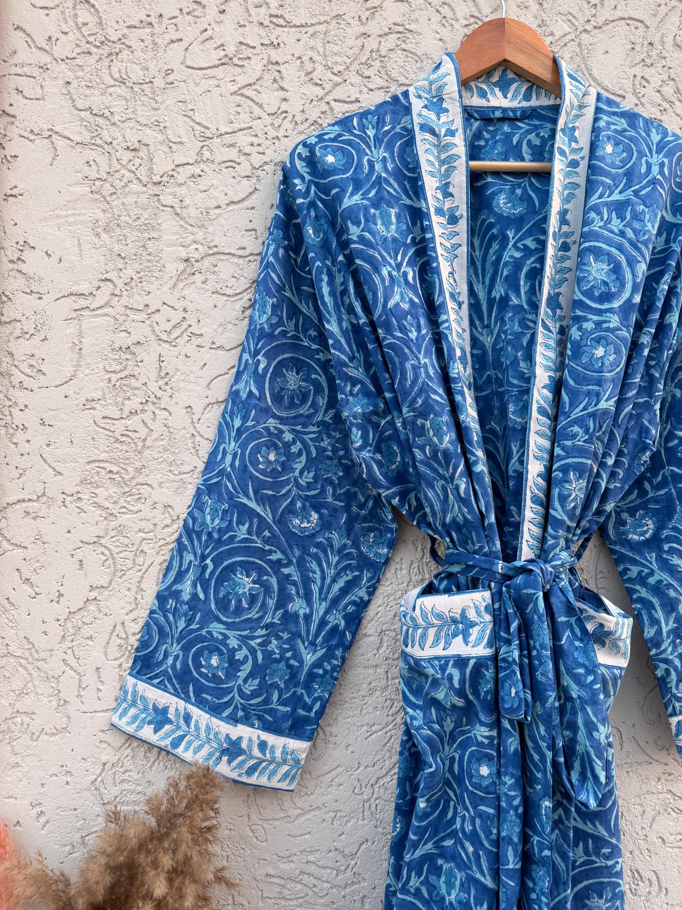 Blue Hand Block Print Cotton Bathrobe – Floral Indian Kimono Robe – Lightweight Spa Robe with Belt & Pockets – Handmade Boho Dressing Gown