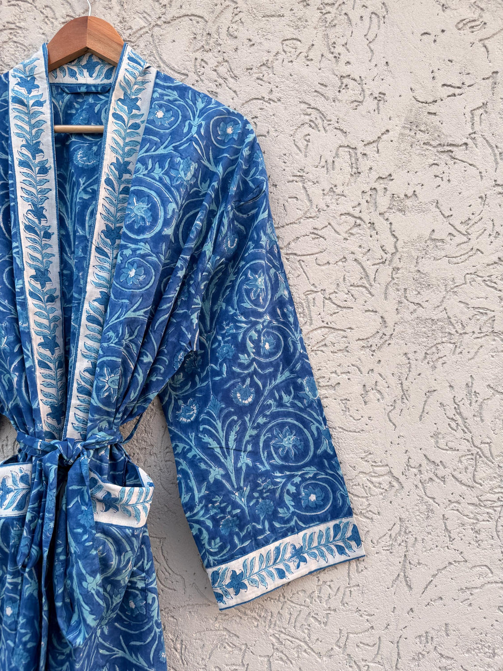 Blue Hand Block Print Cotton Bathrobe – Floral Indian Kimono Robe – Lightweight Spa Robe with Belt & Pockets – Handmade Boho Dressing Gown