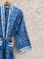 Blue Hand Block Print Cotton Bathrobe – Floral Indian Kimono Robe – Lightweight Spa Robe with Belt & Pockets – Handmade Boho Dressing Gown