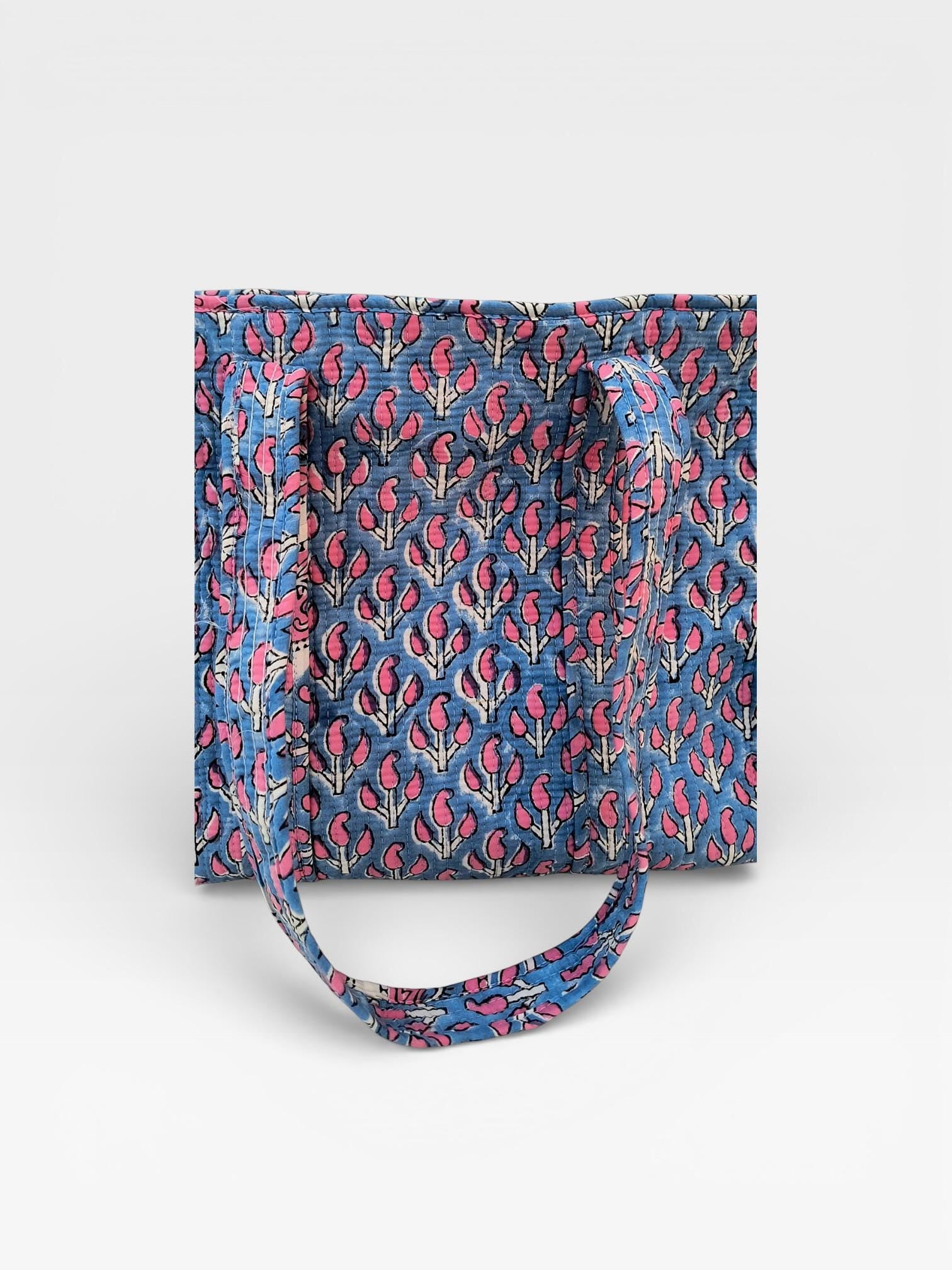 Hand Block Print Cotton Tote Bag, Blue Floral Blockprint Shoulder Bag, Handmade Quilted Tote, Eco Friendly Shopping Bag, Everyday Carry Bag