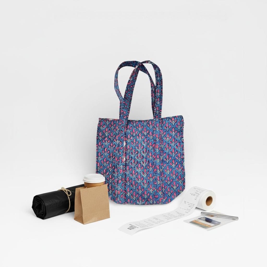 Hand Block Print Cotton Tote Bag, Blue Floral Blockprint Shoulder Bag, Handmade Quilted Tote, Eco Friendly Shopping Bag, Everyday Carry Bag