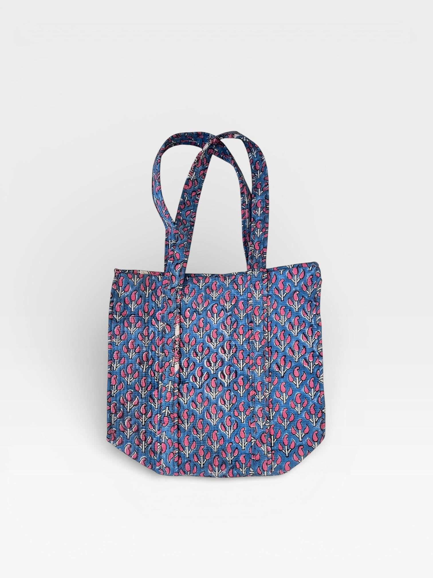 Hand Block Print Cotton Tote Bag, Blue Floral Blockprint Shoulder Bag, Handmade Quilted Tote, Eco Friendly Shopping Bag, Everyday Carry Bag