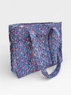 Hand Block Print Cotton Tote Bag, Blue Floral Blockprint Shoulder Bag, Handmade Quilted Tote, Eco Friendly Shopping Bag, Everyday Carry Bag