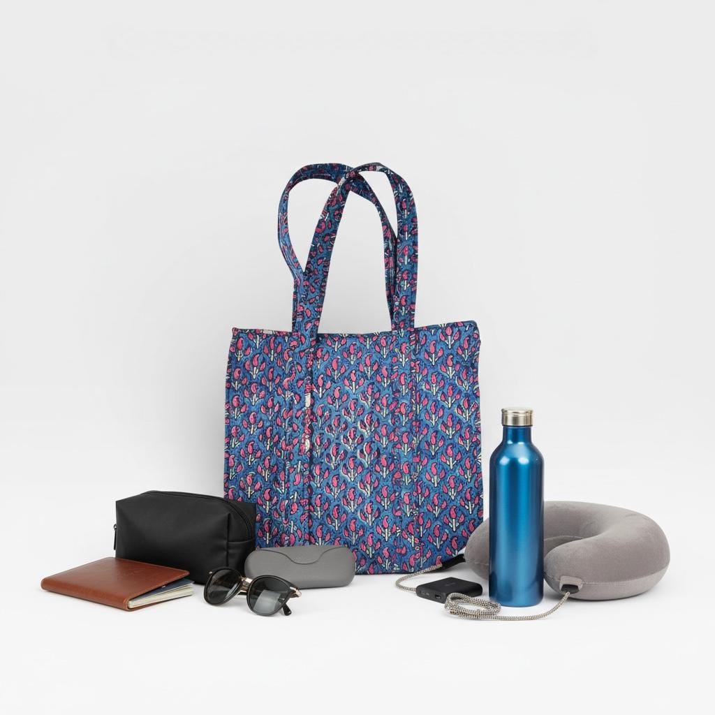 Hand Block Print Cotton Tote Bag, Blue Floral Blockprint Shoulder Bag, Handmade Quilted Tote, Eco Friendly Shopping Bag, Everyday Carry Bag
