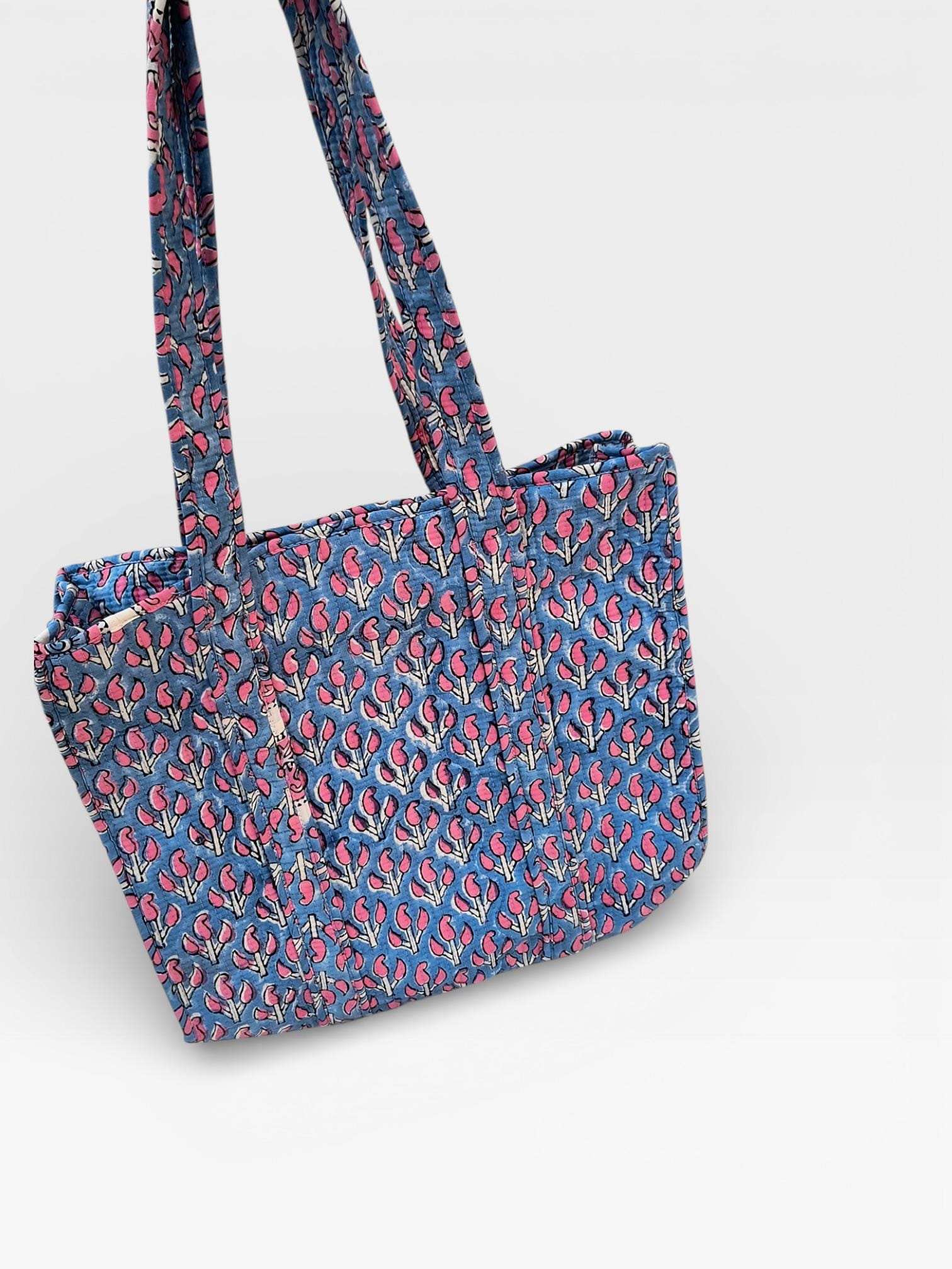 Hand Block Print Cotton Tote Bag, Blue Floral Blockprint Shoulder Bag, Handmade Quilted Tote, Eco Friendly Shopping Bag, Everyday Carry Bag