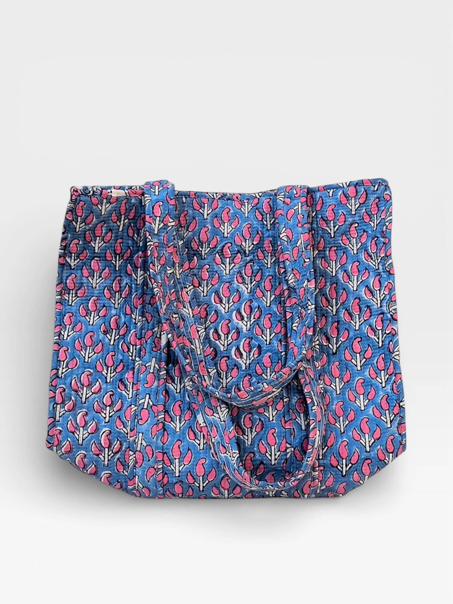 Hand Block Print Cotton Tote Bag, Blue Floral Blockprint Shoulder Bag, Handmade Quilted Tote, Eco Friendly Shopping Bag, Everyday Carry Bag