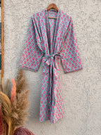 Hand Block Print Cotton Bathrobe – Soft Lightweight Kimono Robe – Floral Blockprint Dressing Gown – Handmade Indian Robe – Bridesmaid Gift
