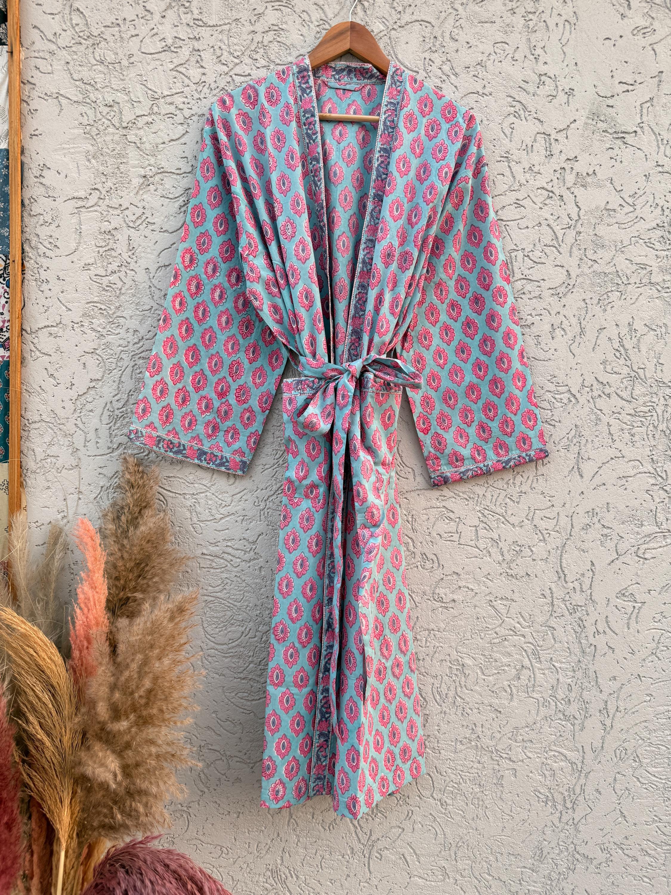 Hand Block Print Cotton Bathrobe – Soft Lightweight Kimono Robe – Floral Blockprint Dressing Gown – Handmade Indian Robe – Bridesmaid Gift