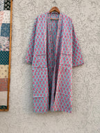 Hand Block Print Cotton Bathrobe – Soft Lightweight Kimono Robe – Floral Blockprint Dressing Gown – Handmade Indian Robe – Bridesmaid Gift