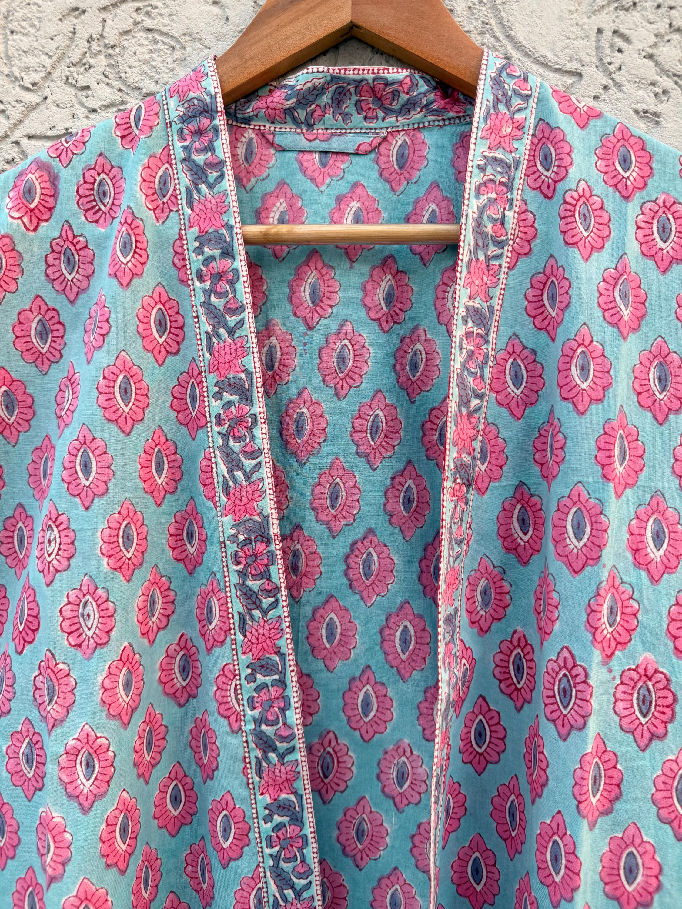 Hand Block Print Cotton Bathrobe – Soft Lightweight Kimono Robe – Floral Blockprint Dressing Gown – Handmade Indian Robe – Bridesmaid Gift