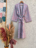 Hand Block Print Cotton Bathrobe – Soft Lightweight Kimono Robe – Floral Blockprint Dressing Gown – Handmade Indian Robe – Bridesmaid Gift