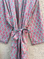 Hand Block Print Cotton Bathrobe – Soft Lightweight Kimono Robe – Floral Blockprint Dressing Gown – Handmade Indian Robe – Bridesmaid Gift