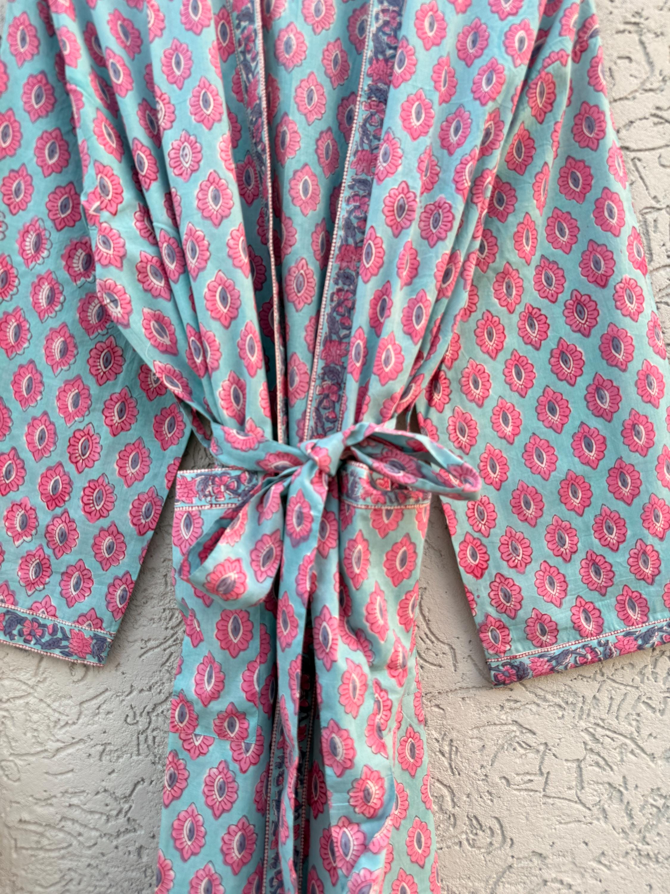 Hand Block Print Cotton Bathrobe – Soft Lightweight Kimono Robe – Floral Blockprint Dressing Gown – Handmade Indian Robe – Bridesmaid Gift
