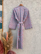 Hand Block Print Cotton Bathrobe – Soft Lightweight Kimono Robe – Floral Blockprint Dressing Gown – Handmade Indian Robe – Bridesmaid Gift