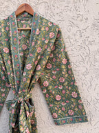 Green Floral Cotton Block Print Bathrobe, Handmade Kimono Robe, Soft Lightweight Dressing Gown, Spa Robe, Bridesmaid Gift