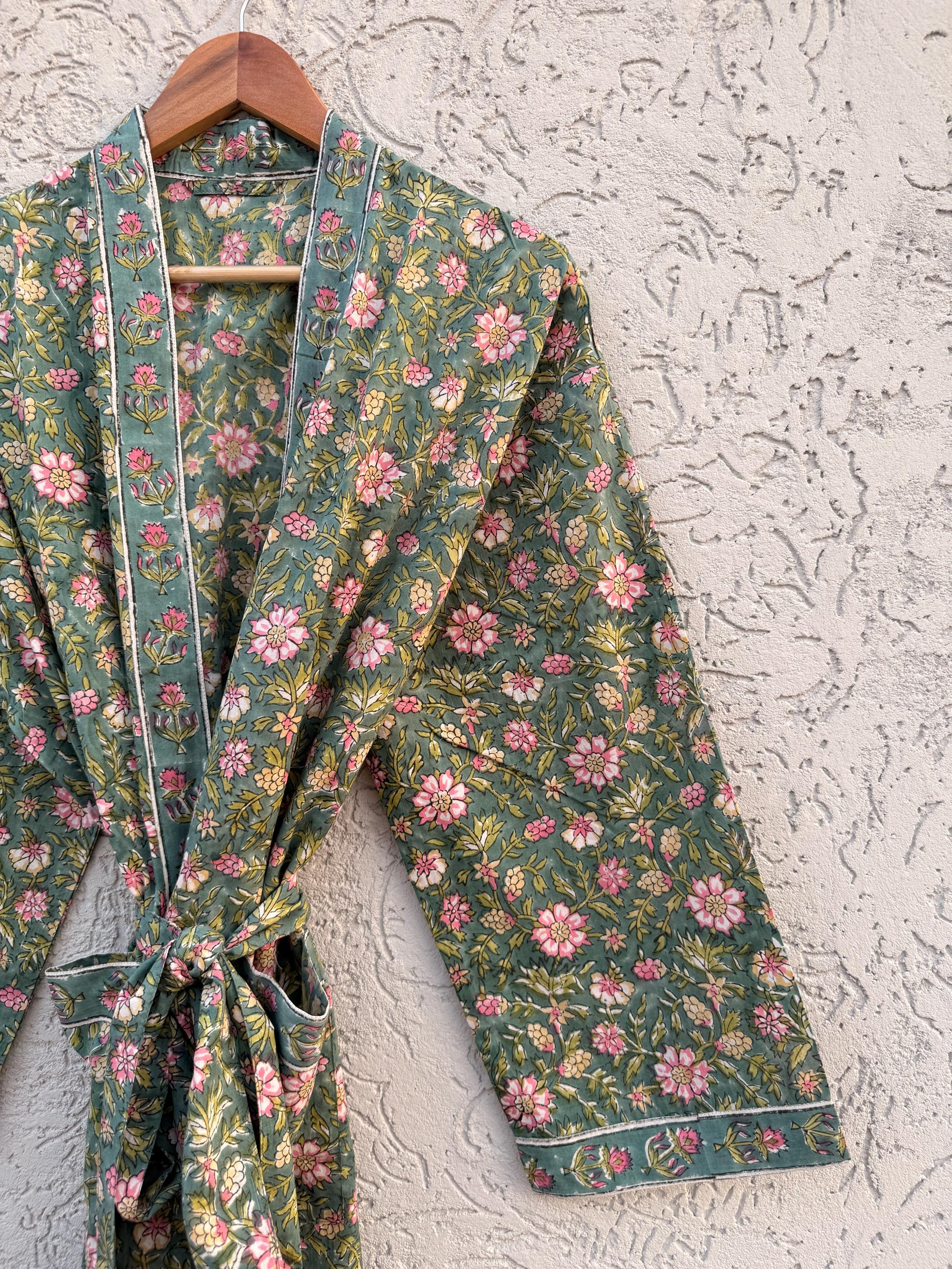 Green Floral Cotton Block Print Bathrobe, Handmade Kimono Robe, Soft Lightweight Dressing Gown, Spa Robe, Bridesmaid Gift
