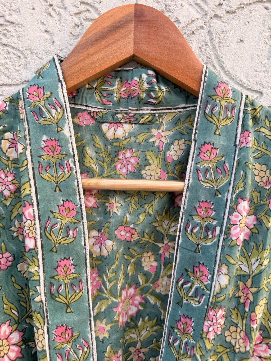 Green Floral Cotton Block Print Bathrobe, Handmade Kimono Robe, Soft Lightweight Dressing Gown, Spa Robe, Bridesmaid Gift