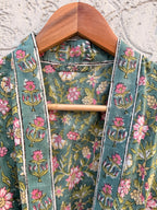 Green Floral Cotton Block Print Bathrobe, Handmade Kimono Robe, Soft Lightweight Dressing Gown, Spa Robe, Bridesmaid Gift