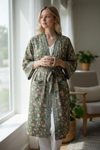 Green Floral Cotton Block Print Bathrobe, Handmade Kimono Robe, Soft Lightweight Dressing Gown, Spa Robe, Bridesmaid Gift