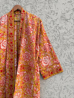 Yellow Floral Cotton Block Print Bathrobe, Handmade Kimono Robe, Lightweight Dressing Gown, Spa Robe, Bridal Getting Ready Robe