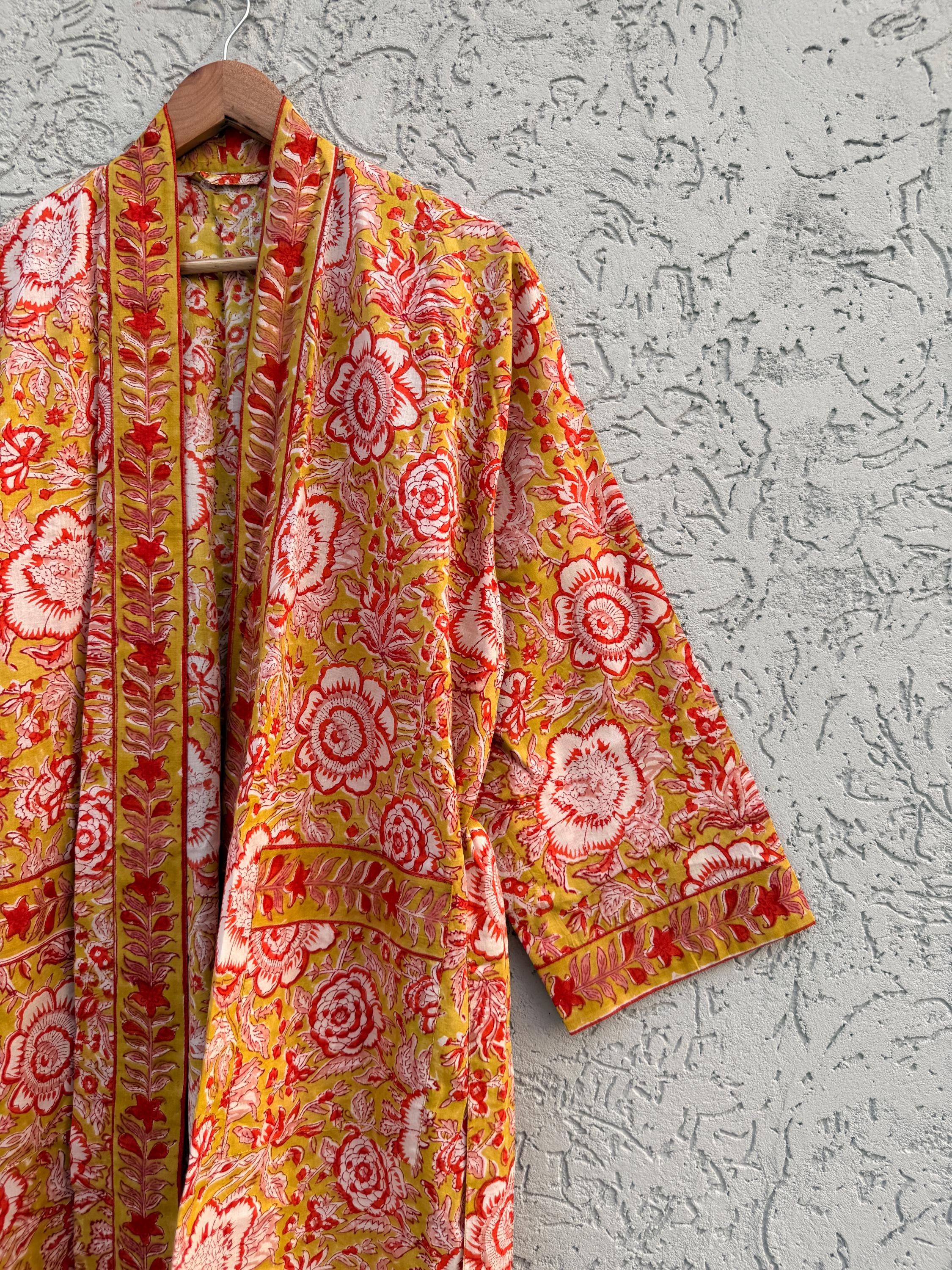 Yellow Floral Cotton Block Print Bathrobe, Handmade Kimono Robe, Lightweight Dressing Gown, Spa Robe, Bridal Getting Ready Robe