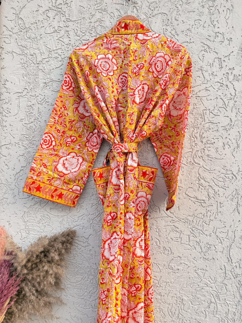 Yellow Floral Cotton Block Print Bathrobe, Handmade Kimono Robe, Lightweight Dressing Gown, Spa Robe, Bridal Getting Ready Robe