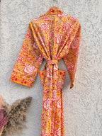 Yellow Floral Cotton Block Print Bathrobe, Handmade Kimono Robe, Lightweight Dressing Gown, Spa Robe, Bridal Getting Ready Robe