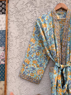 Indian Block Print Cotton Bathrobe | Blue Floral Kimono Robe | Handmade Lightweight Dressing Gown | Soft Cotton Spa Robe