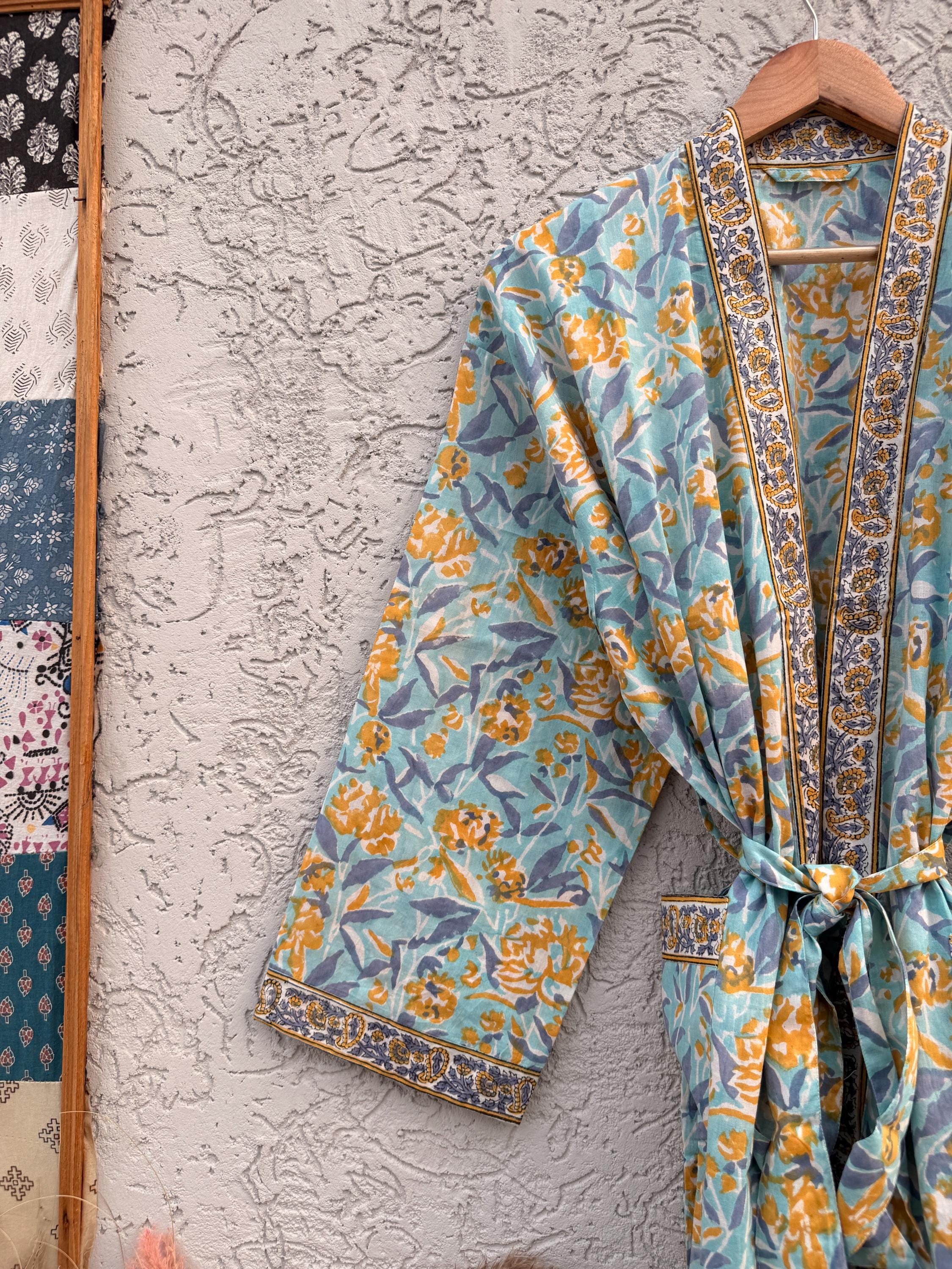 Indian Block Print Cotton Bathrobe | Blue Floral Kimono Robe | Handmade Lightweight Dressing Gown | Soft Cotton Spa Robe