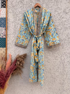 Indian Block Print Cotton Bathrobe | Blue Floral Kimono Robe | Handmade Lightweight Dressing Gown | Soft Cotton Spa Robe
