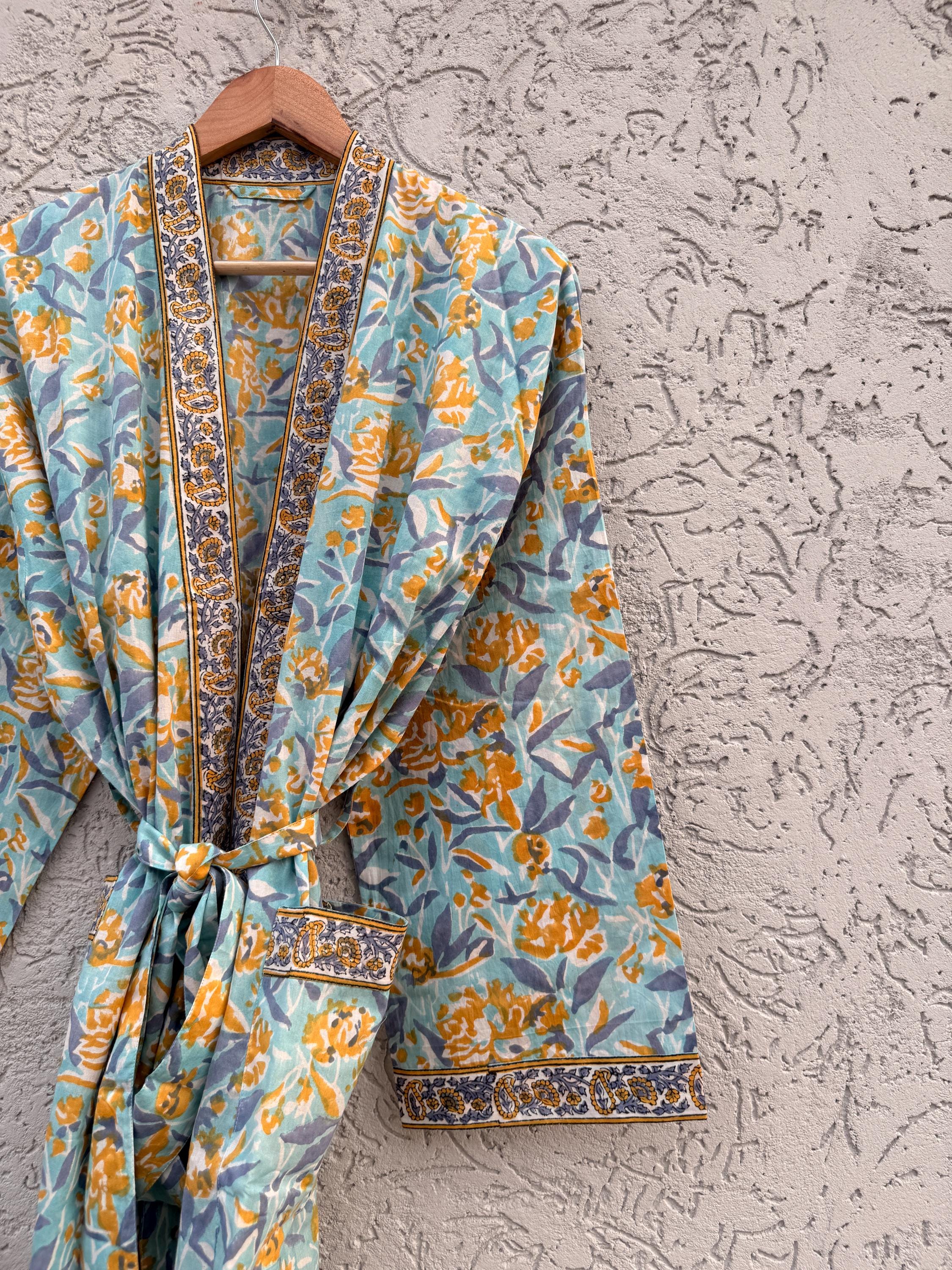 Indian Block Print Cotton Bathrobe | Blue Floral Kimono Robe | Handmade Lightweight Dressing Gown | Soft Cotton Spa Robe