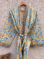 Indian Block Print Cotton Bathrobe | Blue Floral Kimono Robe | Handmade Lightweight Dressing Gown | Soft Cotton Spa Robe