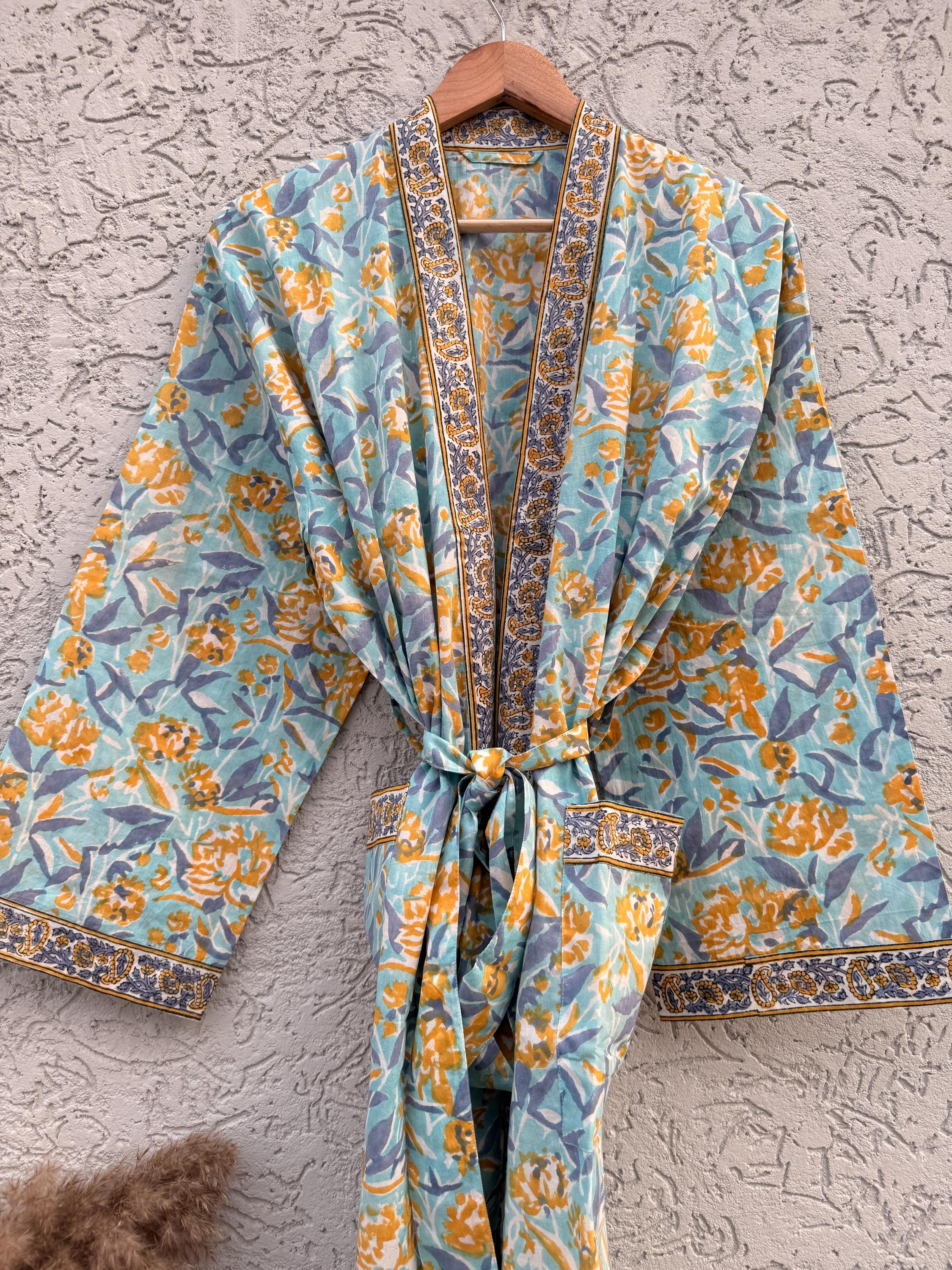 Indian Block Print Cotton Bathrobe | Blue Floral Kimono Robe | Handmade Lightweight Dressing Gown | Soft Cotton Spa Robe
