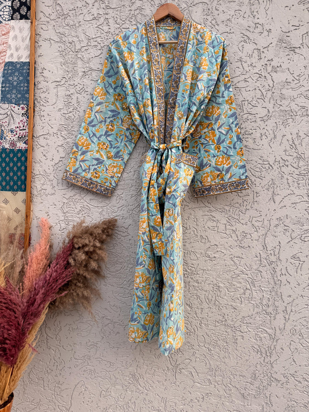 Indian Block Print Cotton Bathrobe | Blue Floral Kimono Robe | Handmade Lightweight Dressing Gown | Soft Cotton Spa Robe