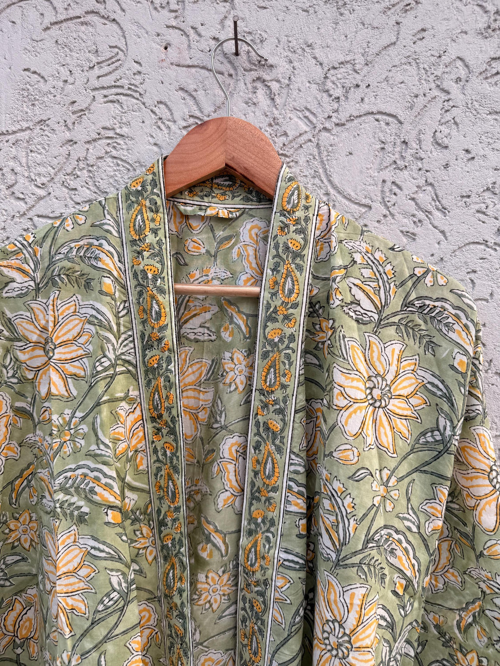 Block Print Cotton Bathrobe | Green Floral Kimono Robe | Handmade Indian Dressing Gown | Lightweight Spa Robe | Soft Cotton Loungewear Gift