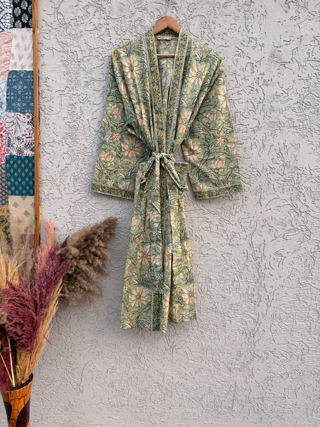 Block Print Cotton Bathrobe | Green Floral Kimono Robe | Handmade Indian Dressing Gown | Lightweight Spa Robe | Soft Cotton Loungewear Gift