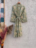 Block Print Cotton Bathrobe | Green Floral Kimono Robe | Handmade Indian Dressing Gown | Lightweight Spa Robe | Soft Cotton Loungewear Gift