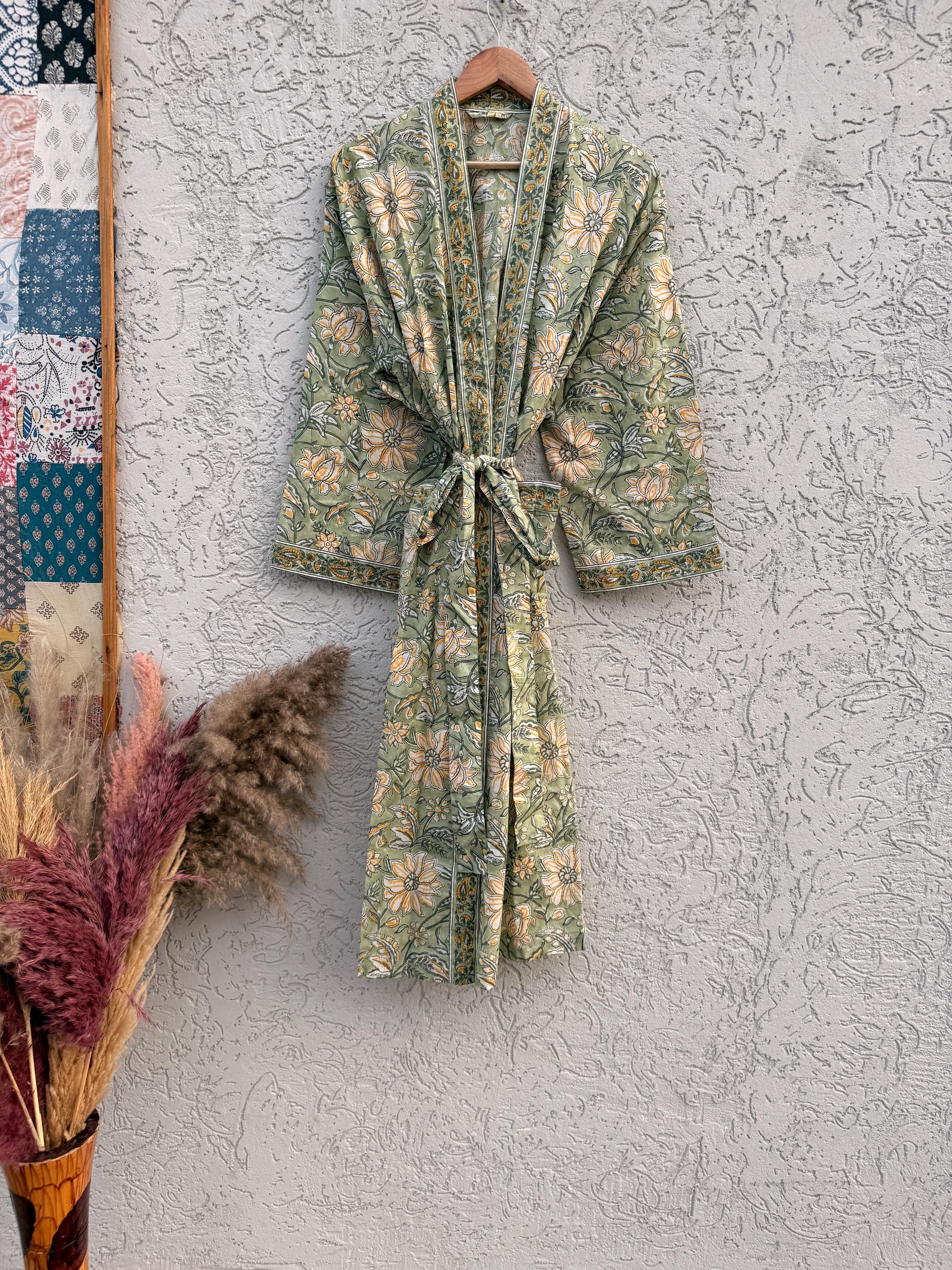 Block Print Cotton Bathrobe | Green Floral Kimono Robe | Handmade Indian Dressing Gown | Lightweight Spa Robe | Soft Cotton Loungewear Gift