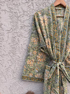 Block Print Cotton Bathrobe | Green Floral Kimono Robe | Handmade Indian Dressing Gown | Lightweight Spa Robe | Soft Cotton Loungewear Gift