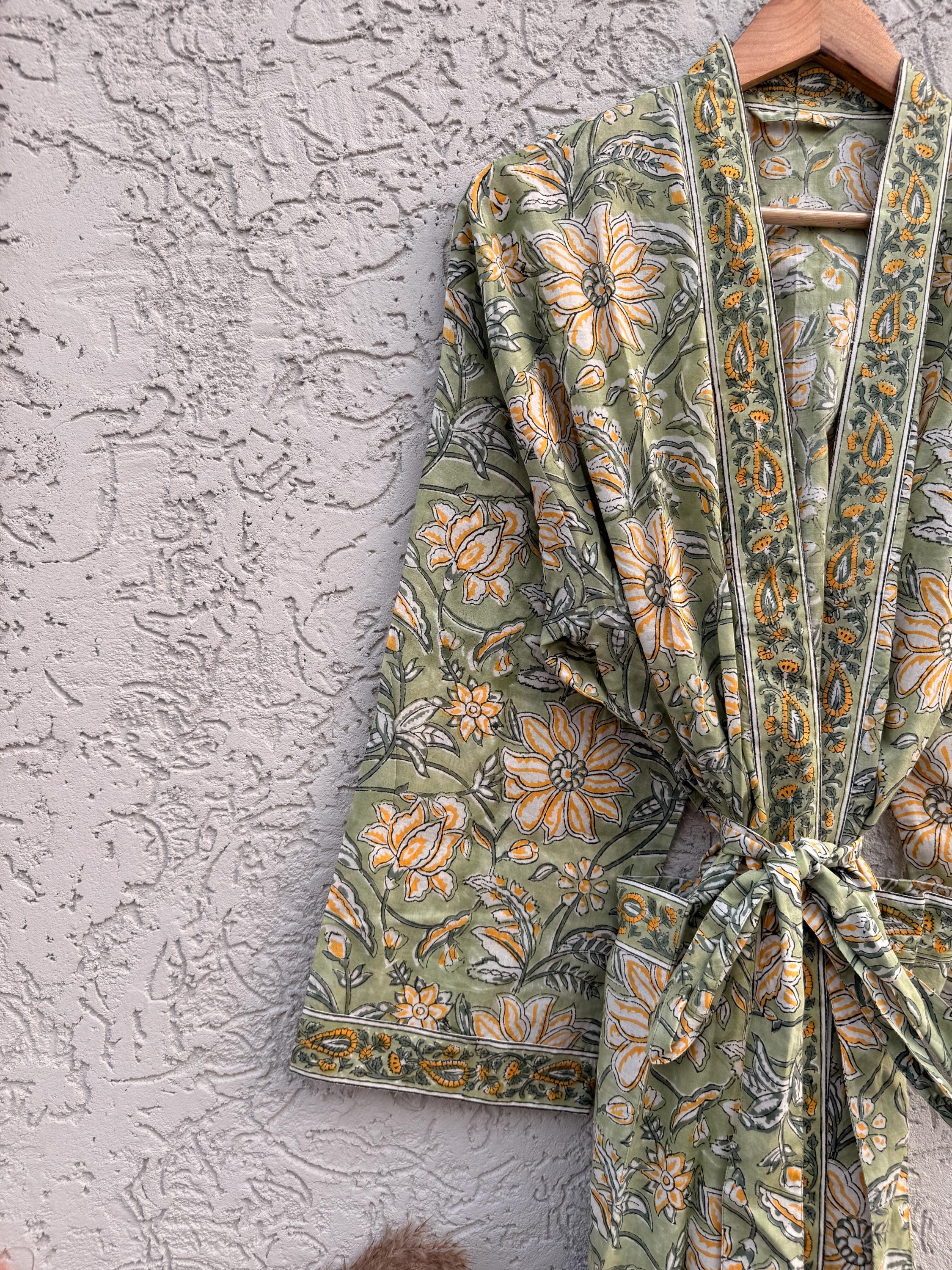Block Print Cotton Bathrobe | Green Floral Kimono Robe | Handmade Indian Dressing Gown | Lightweight Spa Robe | Soft Cotton Loungewear Gift