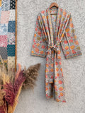 Jaipuri Floral Block Print Cotton Bathrobe | Grey Pink Mustard Kimono Robe | Handmade Indian Dressing Gown | Lightweight Spa Robe
