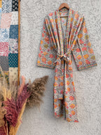 Jaipuri Floral Block Print Cotton Bathrobe | Grey Pink Mustard Kimono Robe | Handmade Indian Dressing Gown | Lightweight Spa Robe