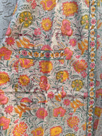 Jaipuri Floral Block Print Cotton Bathrobe | Grey Pink Mustard Kimono Robe | Handmade Indian Dressing Gown | Lightweight Spa Robe