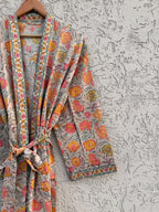 Jaipuri Floral Block Print Cotton Bathrobe | Grey Pink Mustard Kimono Robe | Handmade Indian Dressing Gown | Lightweight Spa Robe
