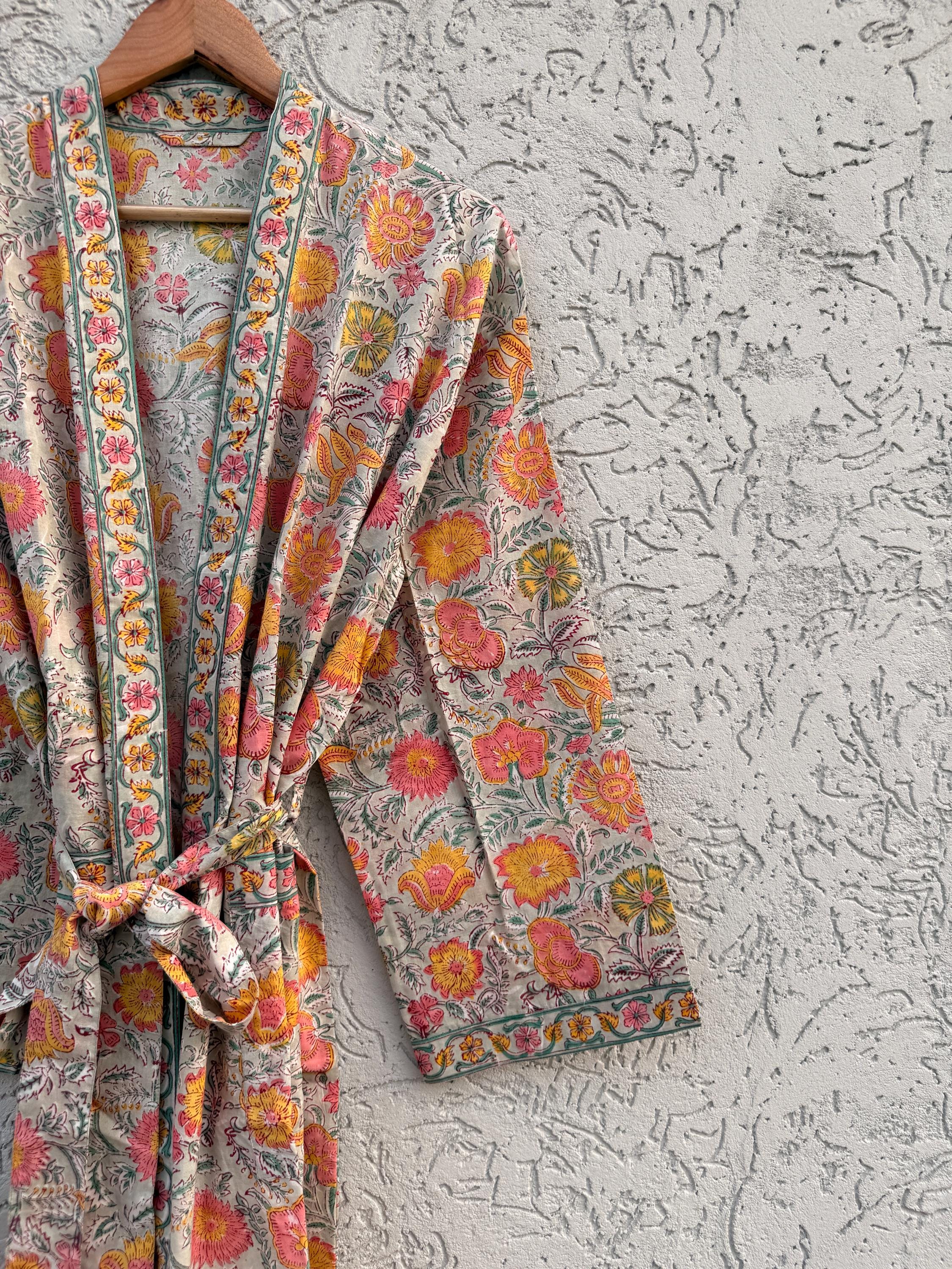 Jaipuri Floral Block Print Cotton Bathrobe | Grey Pink Mustard Kimono Robe | Handmade Indian Dressing Gown | Lightweight Spa Robe