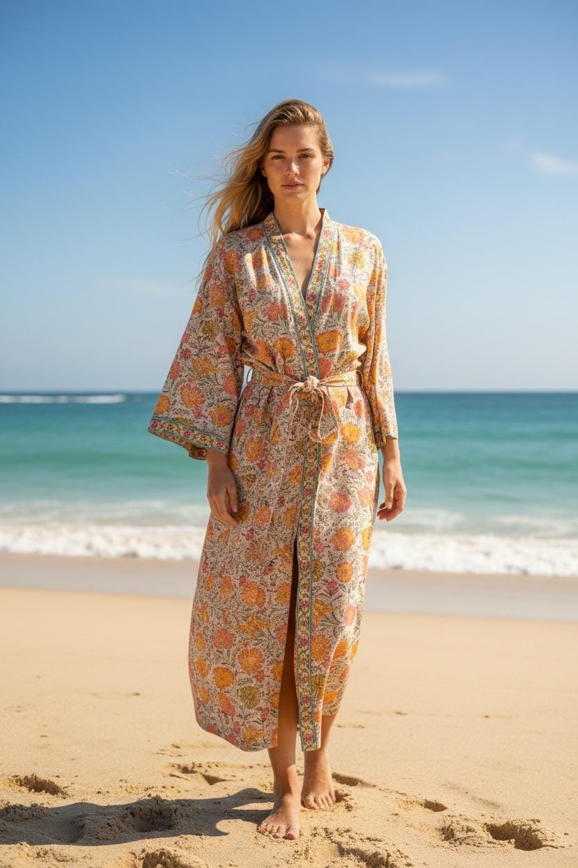 Jaipuri Floral Block Print Cotton Bathrobe | Grey Pink Mustard Kimono Robe | Handmade Indian Dressing Gown | Lightweight Spa Robe