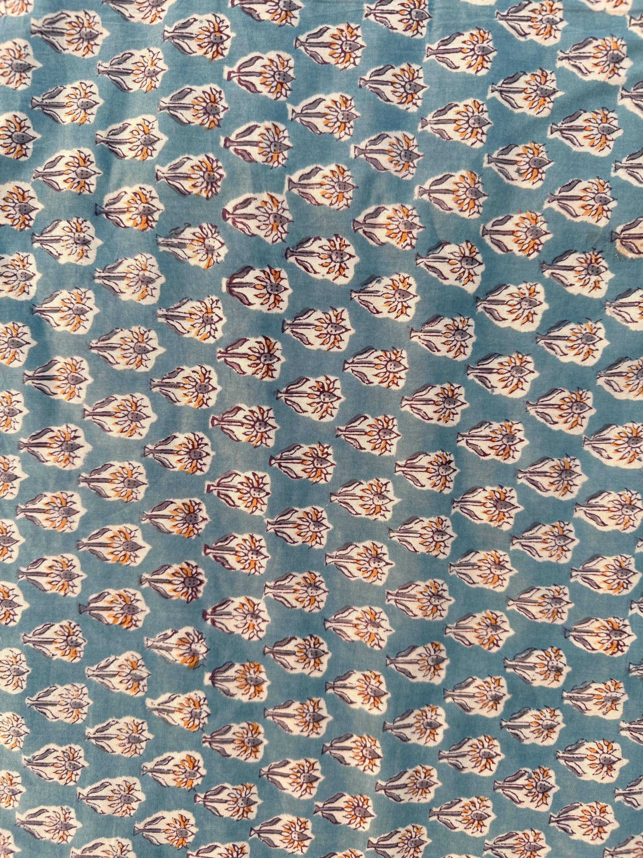 Hand Block Print Cotton Fabric – Teal Blue Floral Buti Print Yardage | Indian Cotton Dressmaking Fabric | Boho Craft & Quilting Fabric