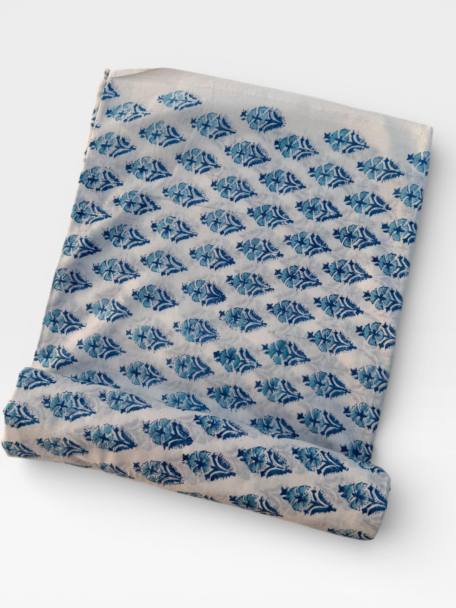 Hand Block Print Cotton Fabric – Blue Floral Buta on Off-White Base | Indian Cotton Dressmaking Fabric | Boho Sewing & Craft Yardage