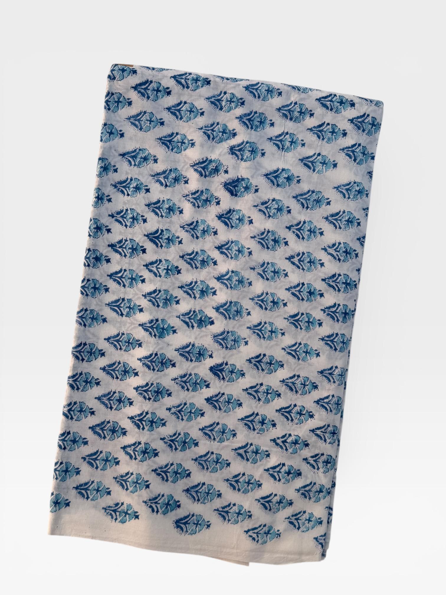 Hand Block Print Cotton Fabric – Blue Floral Buta on Off-White Base | Indian Cotton Dressmaking Fabric | Boho Sewing & Craft Yardage